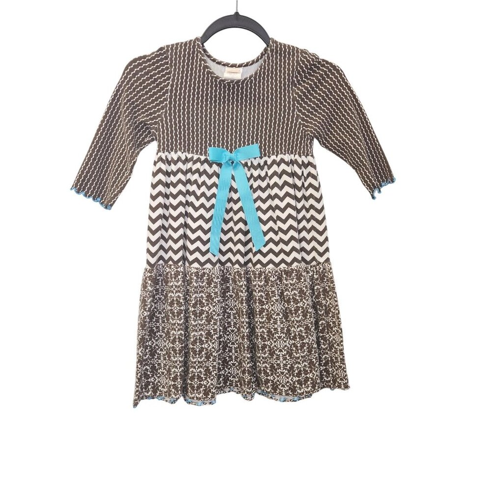 Brown Chevron Print Girls 7 Dress Blue Bow Floral Skirt By Just Peachy 2433